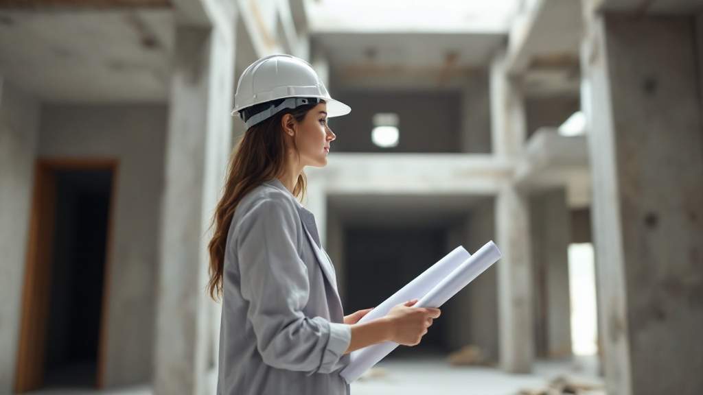 Arquitecta con planos durante la supervisión de obra en la estructura [KI-BILD]