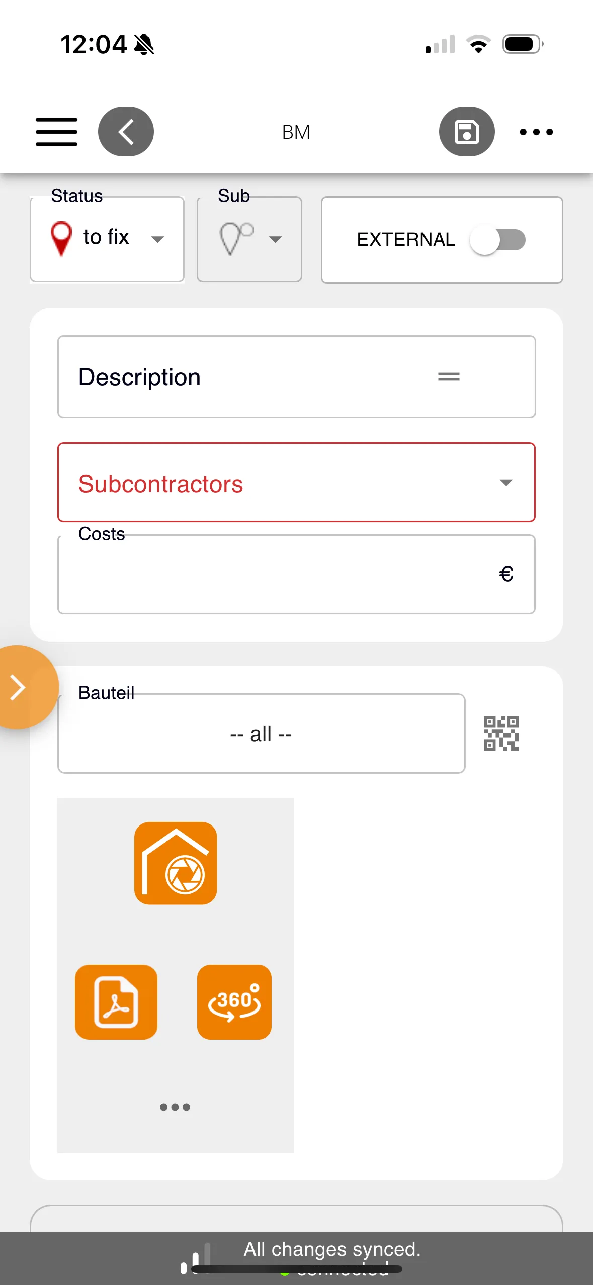 Appvy i Construction Defects: registrera en brist med status, fackområde och ansvarig