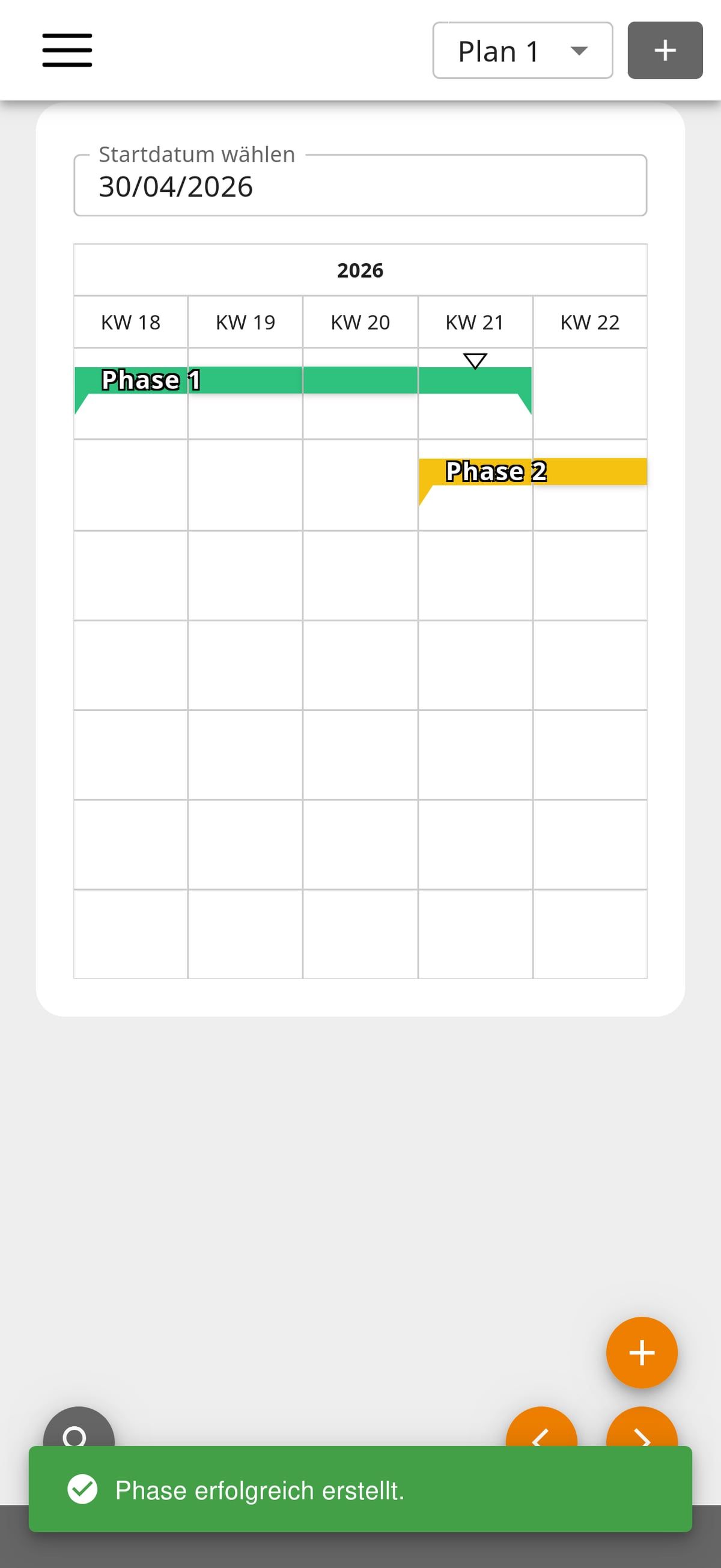Construction Time in the app: two phases as bars across calendar weeks 18 to 22, a milestone in calendar week 21