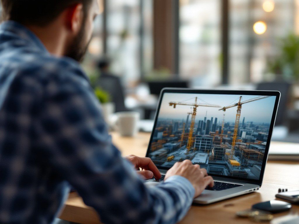 Person im Büro betrachtet den Live-Blick der Baustelle auf dem Laptop