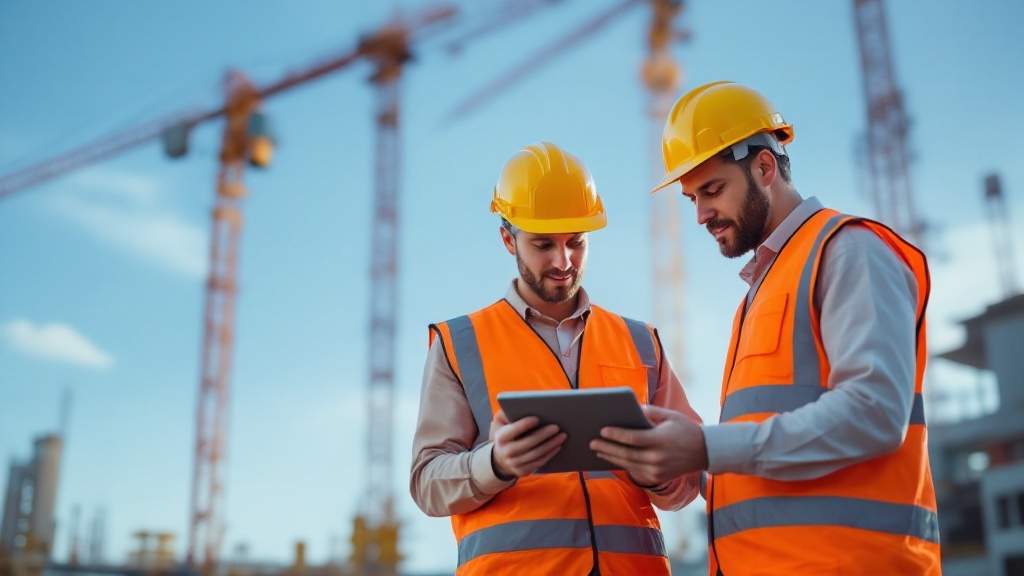 Direttori di cantiere di un general contractor discutono le scadenze al tablet in cantiere [KI-BILD]