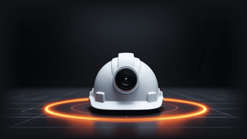 Abstrakt illustration: bygghjälm med 360-graderskamera, omgiven av en lysande orange fotograferingsring [KI-BILD]