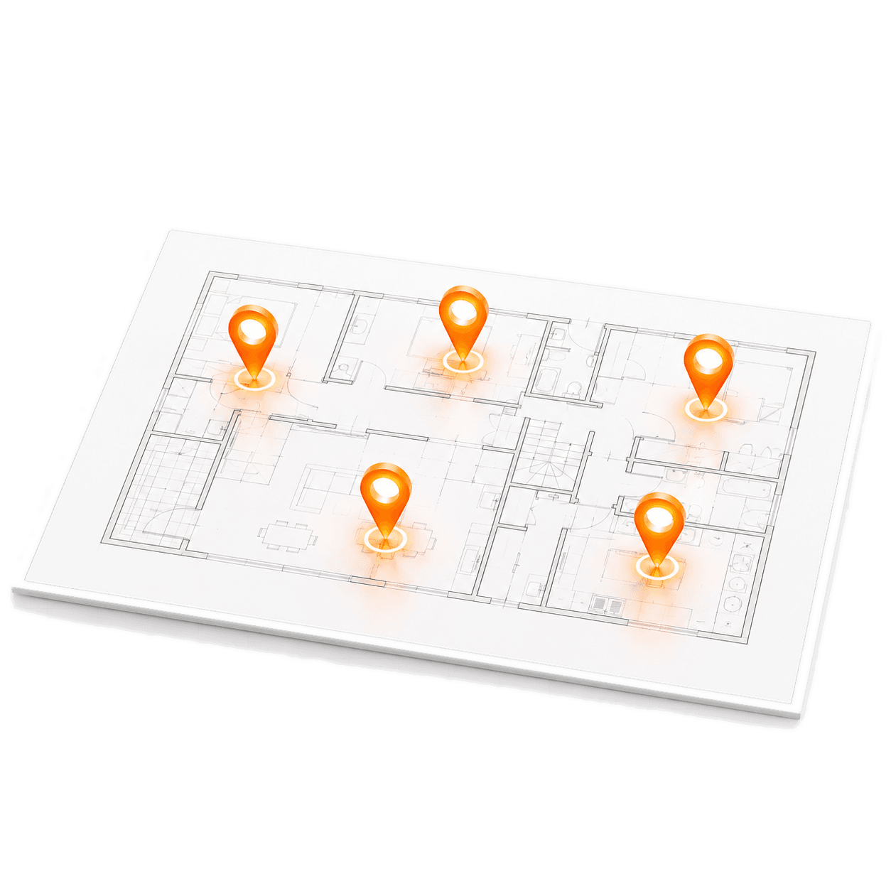 Abstract illustration: isometric building floor plan with five orange pins locating construction defects precisely on the plan