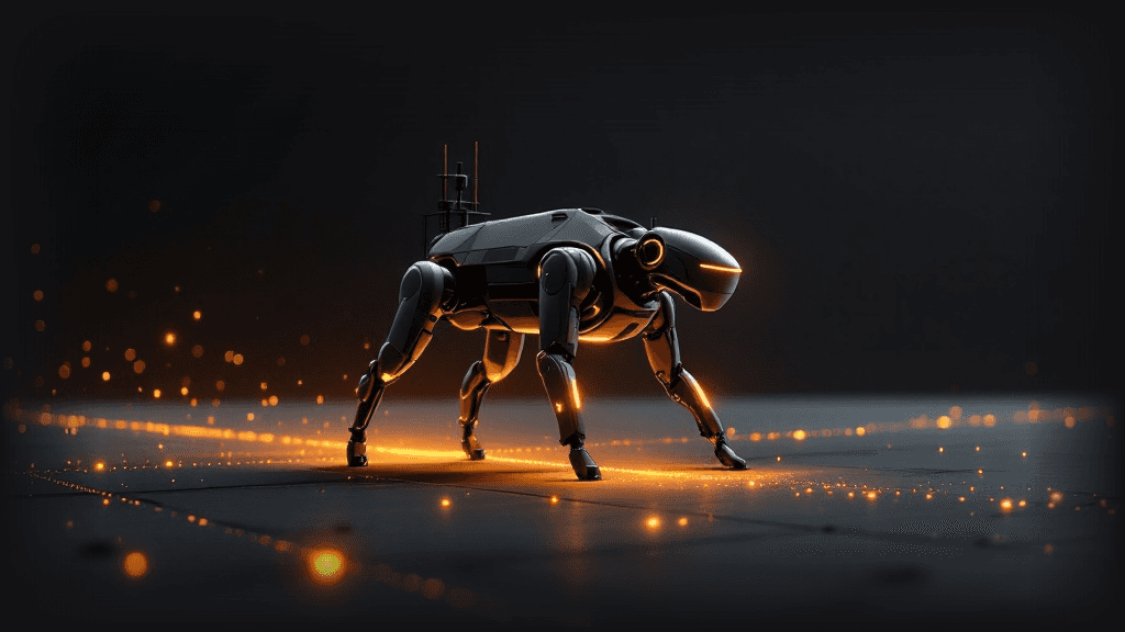 Ilustración abstracta: perro robot con mástil de cámara recorre una ruta marcada en naranja luminoso por la obra [KI-BILD]