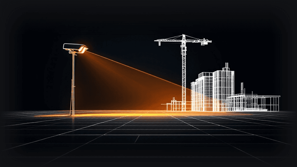 Abstrakt illustration: webbkamera på en mast överblickar en byggarbetsplats av fina linjer, dess synfält lyser orange [KI-BILD]