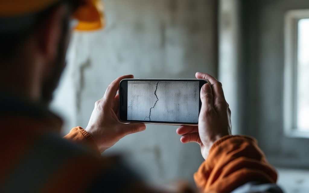 Platschef fotograferar en spricka i betongväggen med mobilen [KI-BILD]