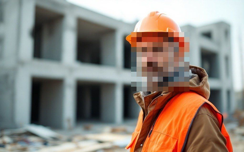 Byggarbetare på byggarbetsplatsen, ansiktet automatiskt pixelerat [KI-BILD]