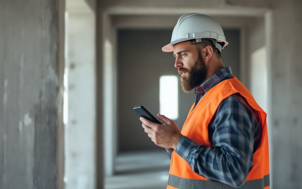 Platschef talar in sin dagsrapport i mobilen på byggarbetsplatsen [KI-BILD]