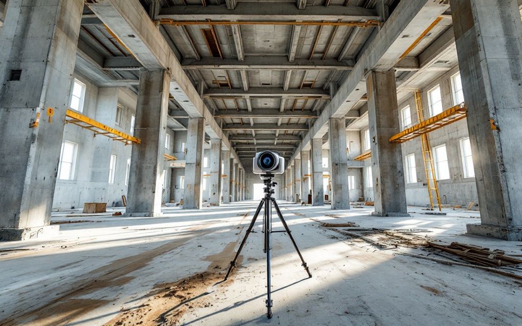 360-graderskamera på stativ i stommen av ett storprojekt [KI-BILD]