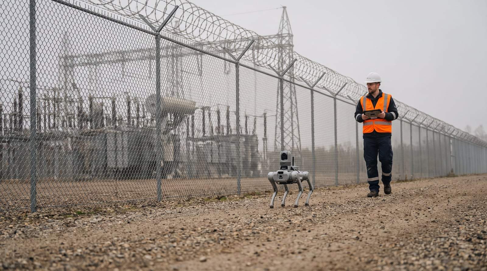 Vierbeiniger Inspektionsroboter mit Panoramakamera läuft entlang des Sicherheitszauns eines Umspannwerks, dahinter ein Sicherheitsingenieur mit Tablet