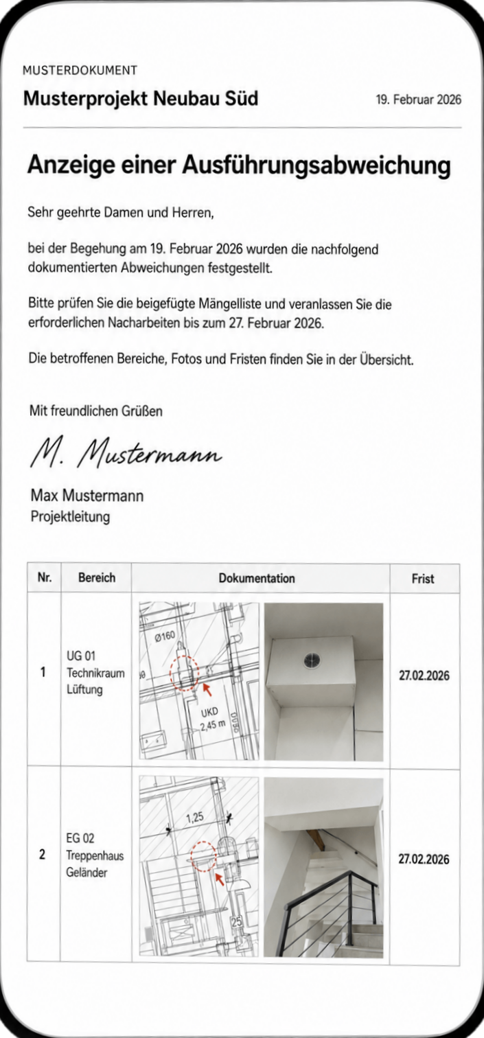 Smartphone with an automatically generated notice of defects as a PDF: cover letter with signature and illustrated defect list with plan excerpts, photos and deadlines