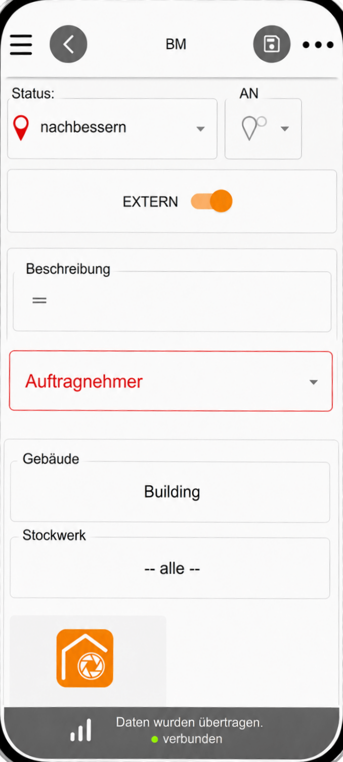 Mangel-Erfassung in der Bau-Mängel-App: Status, Auftragnehmer, Gebäude und Stockwerk am Smartphone festgelegt