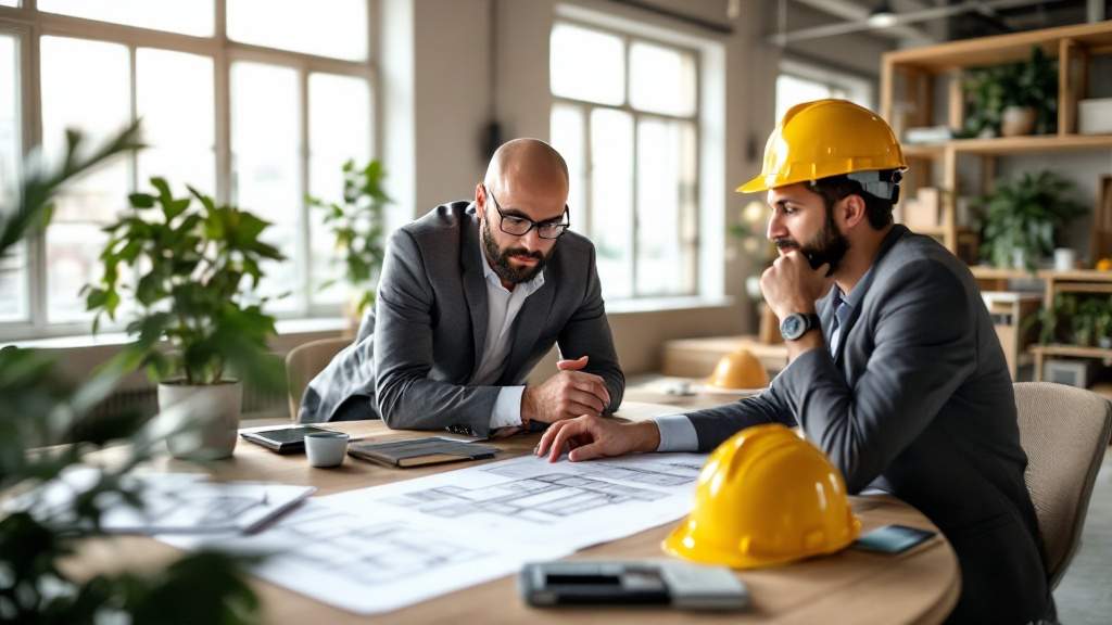 Project manager e committente verificano l'avanzamento del progetto al tavolo riunioni [KI-BILD]