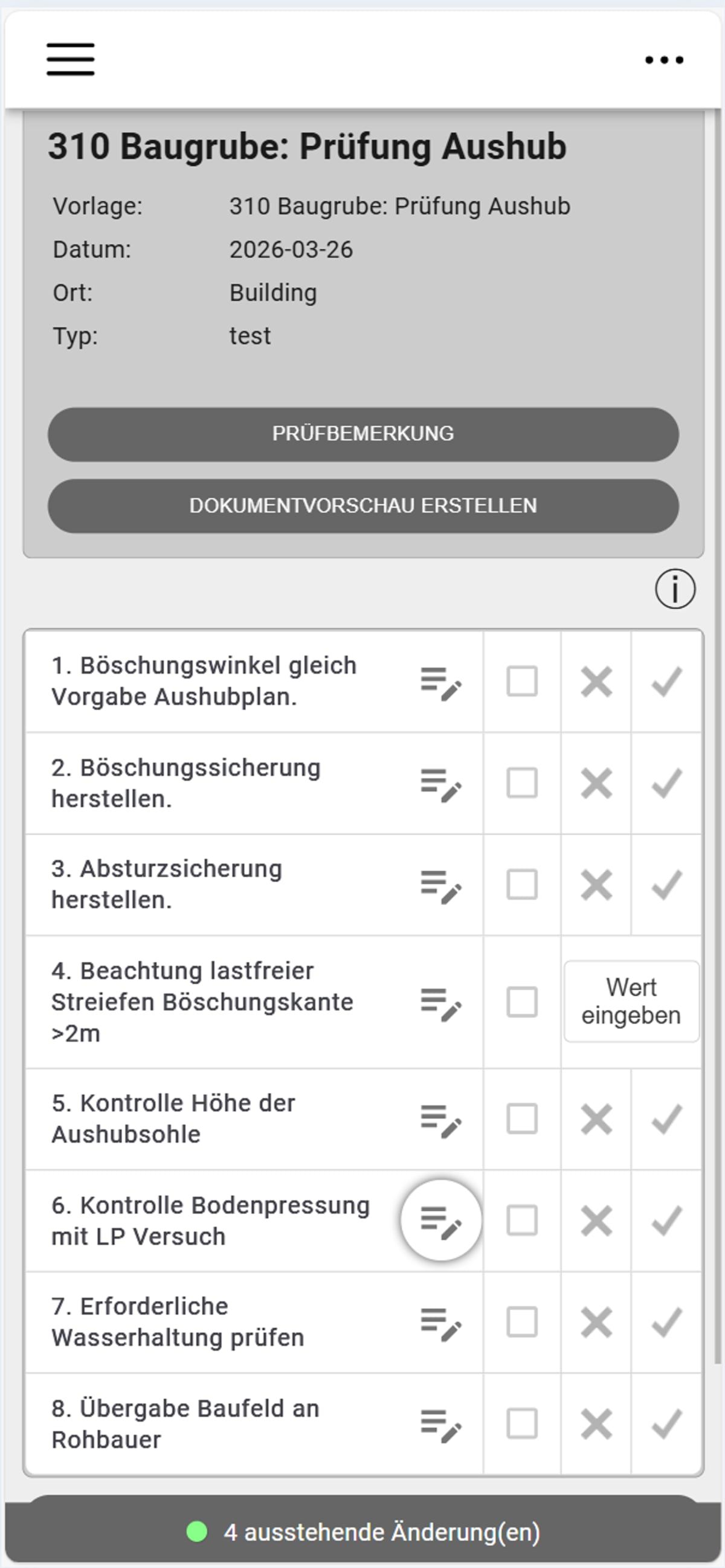 Checklist «Excavación: inspección del vaciado» en la app Construction Checklists: puntos de inspección con valoración superado/no superado en el smartphone