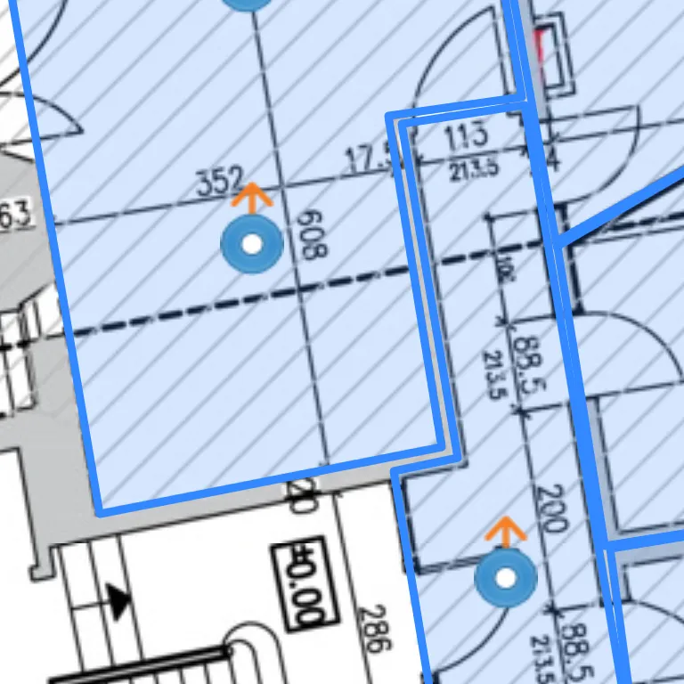 Bau-Fotos-App mit Bauplan und markierten Aufnahmepunkten zur Auswahl der Position