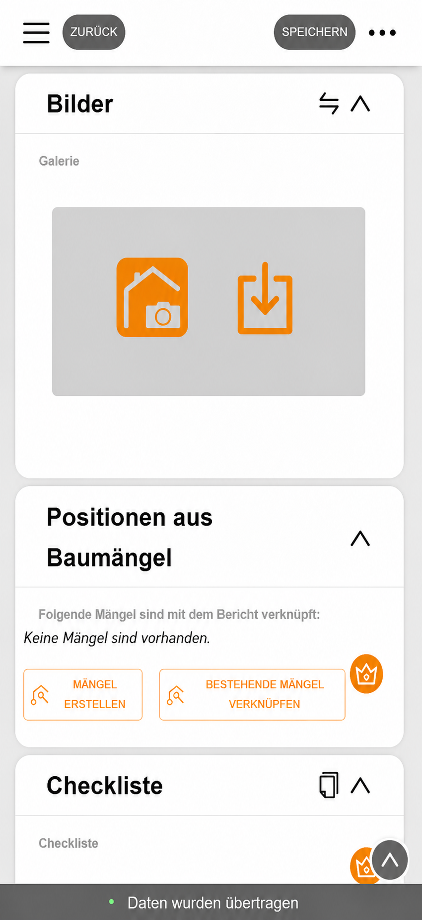 Parte diario en la app Construction Diary: secciones para imágenes, puntos de Construction Defects y lista de comprobación en el smartphone