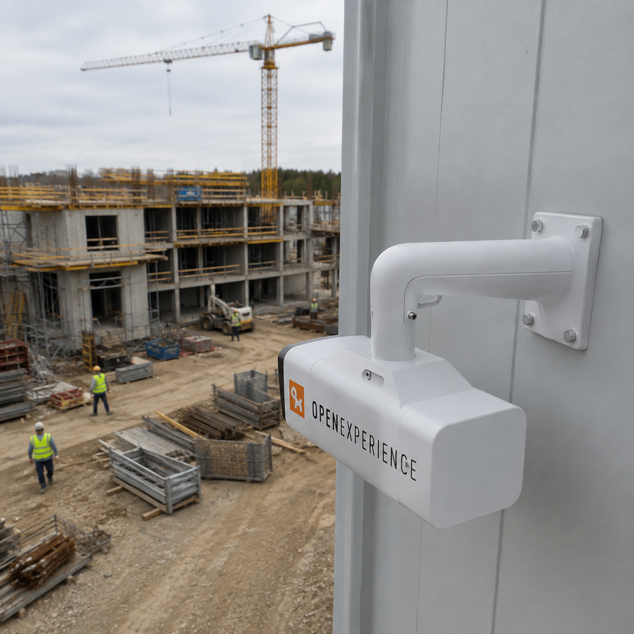 Bau-Webcam an einer Containerwand montiert, im Hintergrund die Baustelle mit Kran aus erhöhter Perspektive